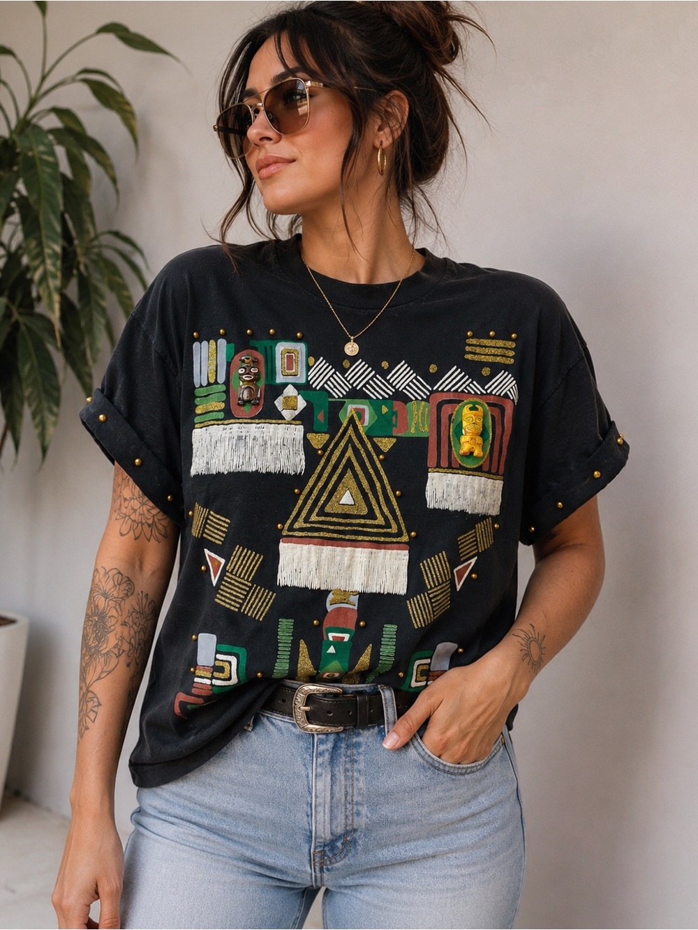 Vintage 80s PGB Tribal Art Shoulder Pad Graphic Tee Black Beaded Women’s One Siz